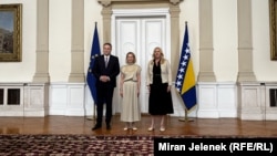 Visoka predstavnica EU za vanjske poslove Kaja Kallas s članovima Predsjedništva BiH Denisom Bećirovićem i Željkom Cvijanović.