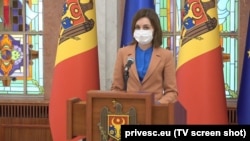 President Maia Sandu announces the dissolution of parliament in Chisinau on April 28.