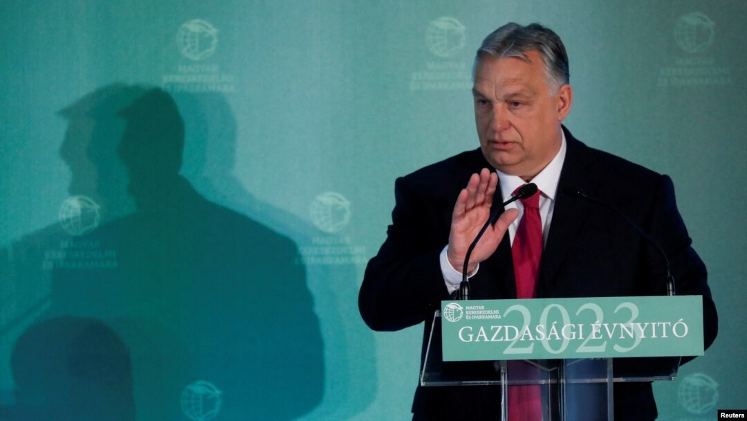 Prim-ministrul ungar Viktor Orbán vorbește în timpul unei conferințe la Budapesta, Ungaria, 9 martie 2023.