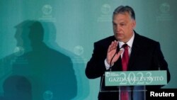 Prim-ministrul ungar Viktor Orbán vorbește în timpul unei conferințe la Budapesta, Ungaria, 9 martie 2023.