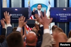 U.S. Vice President JD Vance holds a press briefing at the White House in Washington on May 19.