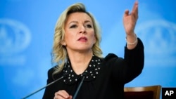 Russia - Russian Foreign Ministry spokeswoman Maria Zakharova gestures during Russian Foreign Minister Sergey Lavrov's annual news conference in Moscow, January 18, 2023. 