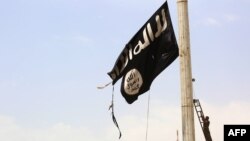 A member of the U.S.-backed Syrian Democratic Forces removes an Islamic State flag in the town of Tabqa, west of Raqqa city, in late April.