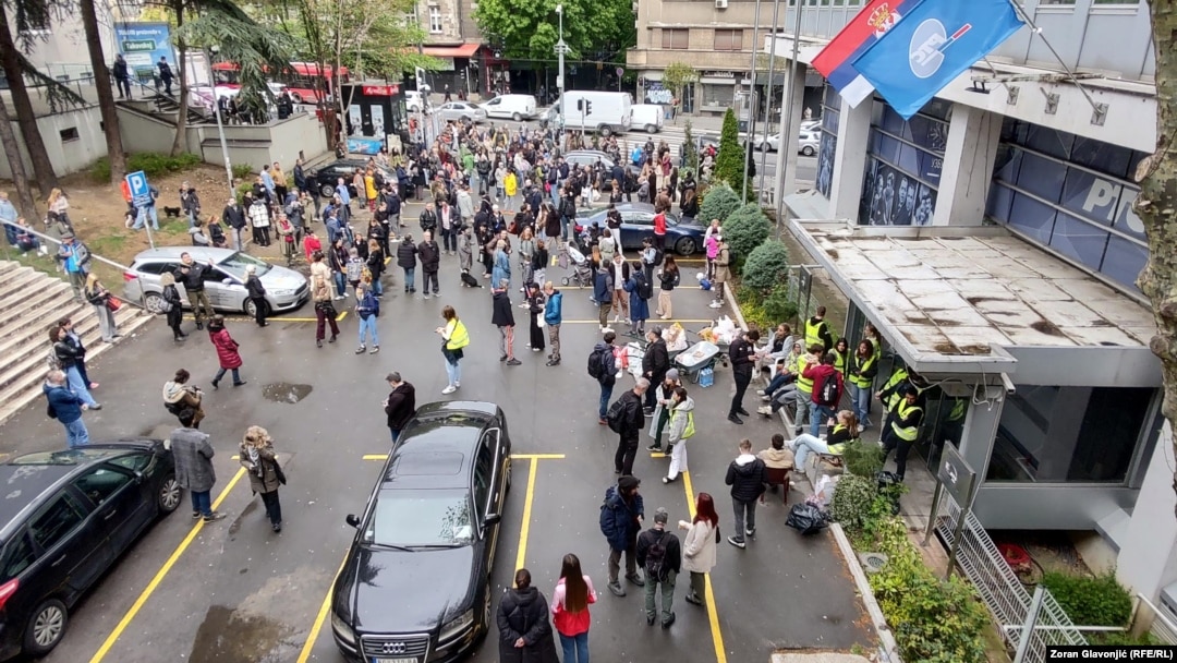 Student protesters form a blockade outside Radio Television of Serbia in Belgrade on April 15. 