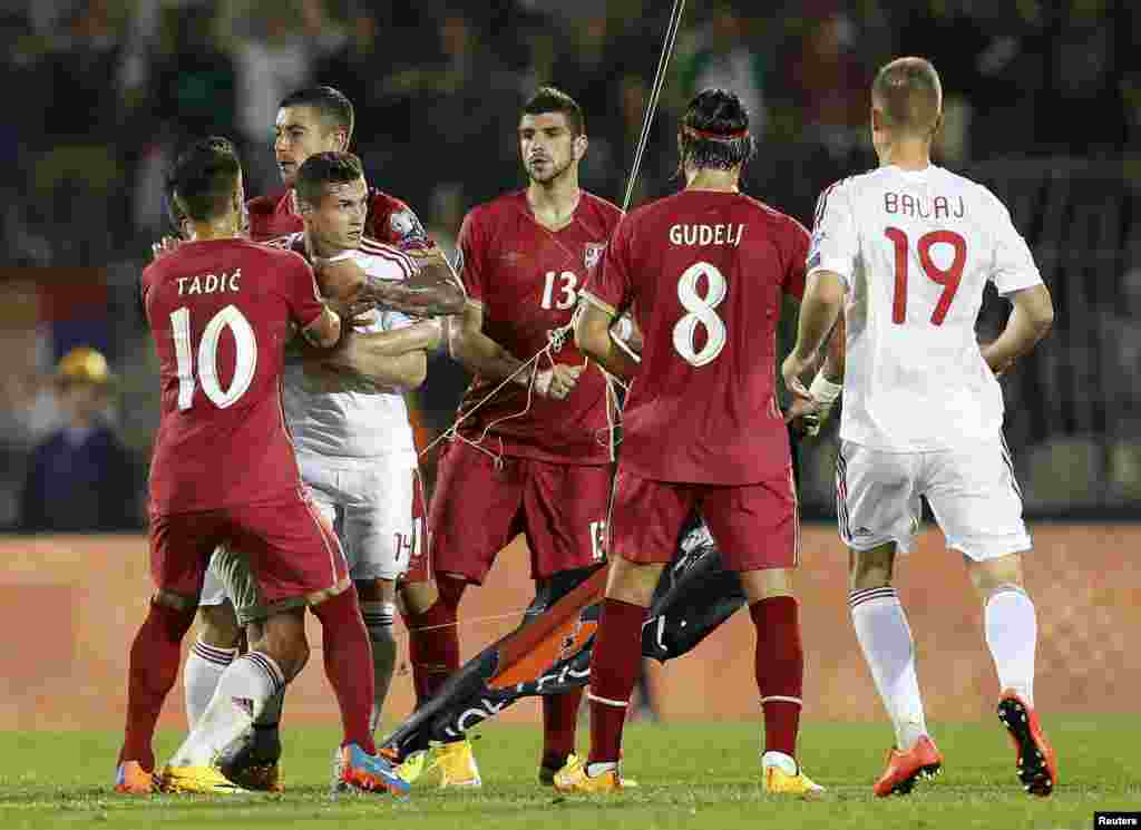 Mitrovic was immediately confronted by Albanian players, one of whom pulled the flag away, as scuffles broke out and players, team officials, and fans stormed out onto the field. 