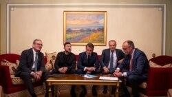 From left: British Prime Minister Keir Starmer, Ukrainian President Volodymyr Zelenskyy, French President Emmanuel Macron, Polish Prime Minister Donald Tusk, and German Chancellor Friedrich Merz make a call to US President Donald Trump from Kyiv on May 10. 