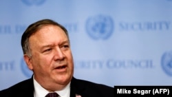 U.S. -- U.S. Secretary of State Mike Pompeo speaks to reporters following a meeting with members of the UN Security Council about Iran's alleged non-compliance with a nuclear deal and calling for the restoration of sanctions against Iran at United Nations