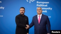 Volodimir Zelenszkij és Orbán Viktor az Európai Politikai Közösség (EPC) budapesti ülésén 2024. november 8-án