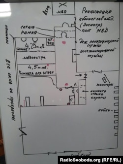 Схема лікарняного блоку на 9-му поверсі лікарні, де утримують Тимошенко. На цій схемі позначені місця, в яких, як стверджують опозиційні депутати, встановлені приховані відеокамери