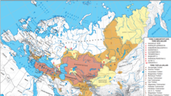 Төркия мәгариф министрлыгының "Төрки дөнья" харитасы. 2025 ел. Әлеге харитада Татарстан белән Башкортстан Русиядәге төрки җирләр дә билгеләп үтелә