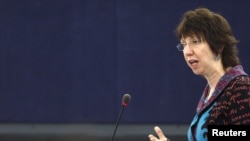 Catherine Ashton addresses the European Parliament today during a debate on EU foreign and security policy. 