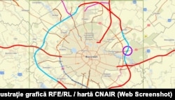 În chenar verde, perimetrul inelului autostrăzii de centură a Bucureștiului. Din cei peste 55 de km nefinalizați încă (linii albastru deschis) aproximativ 30 de km ar trebui să fie gata în 2025.