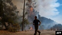 Zjarrfikësit luftojnë me zjarret më 2 gusht 2021 në Mugla, rrethi Marmaris në Turqi. 
