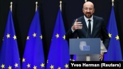 Belgium -- Incoming European Council President Charles Michel speaks during a handover ceremony in Brussels, November 29, 2019.