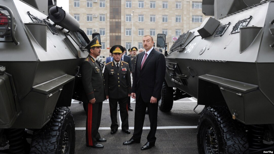 Azerbaijani President Ilham Aliyev, opening a military base in September, is up for reelection in October.