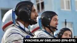 The three-person crew has arrived at the International Space Station.