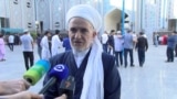 Saidmukarram Abduqodirzoda speaks to reporters at the Dushanbe central mosque in 2019.