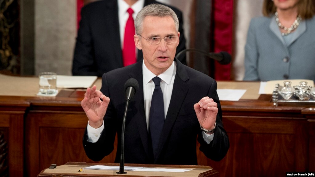 NATO Secretary-General Jens Stoltenberg addresses a joint meeting of Congress on Capitol Hill in Washington on April 3.