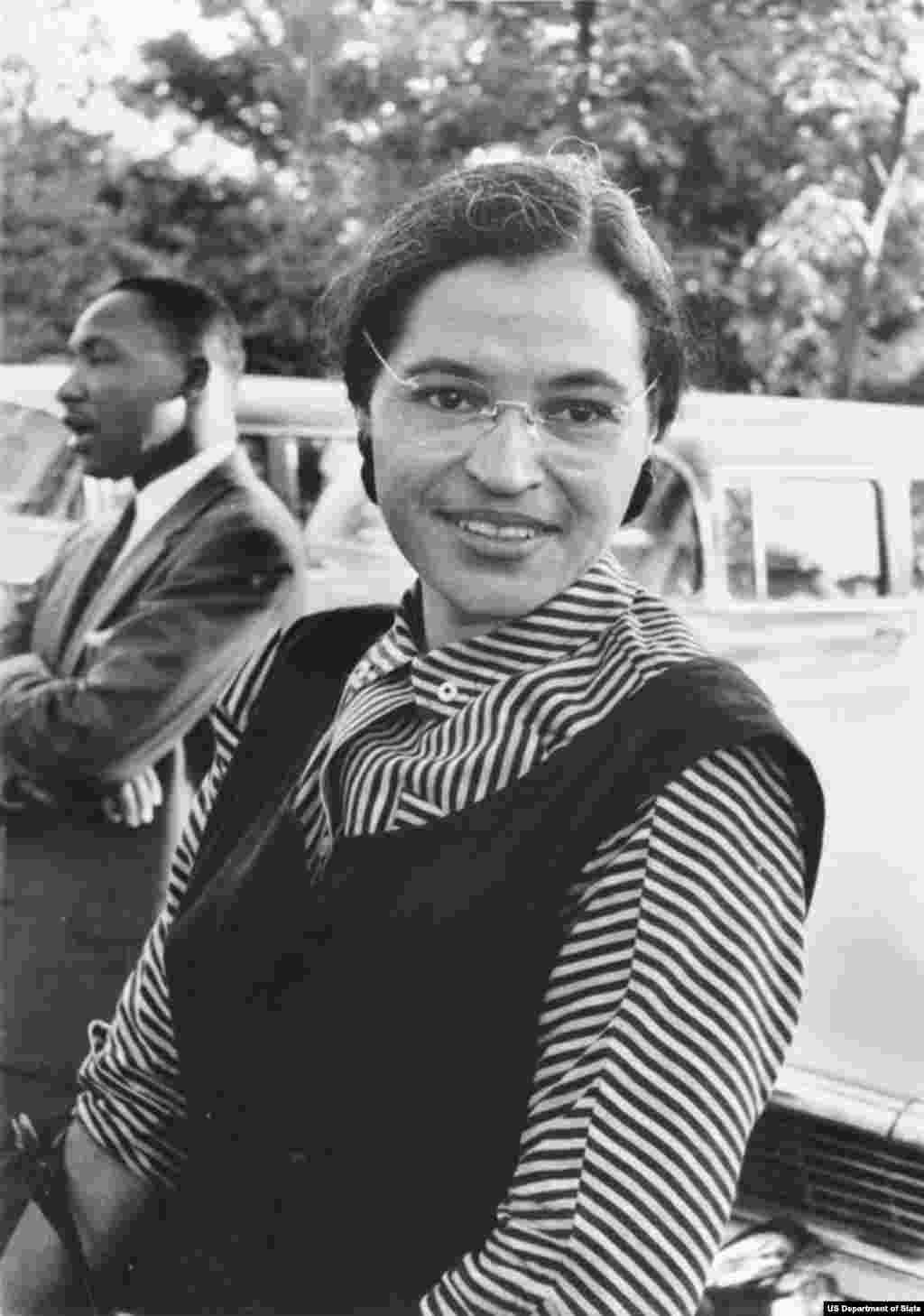 Civil rights activist Rosa Parks, pictured with Dr. Martin Luther King Jr. in 1955. Parks was arrested for refusing to give up her seat on a bus to a white passenger. Her act of civil disobedience marked the beginning of the Montgomery Bus Boycott, a protest campaign against segregation on public transport in the state of Alabama.