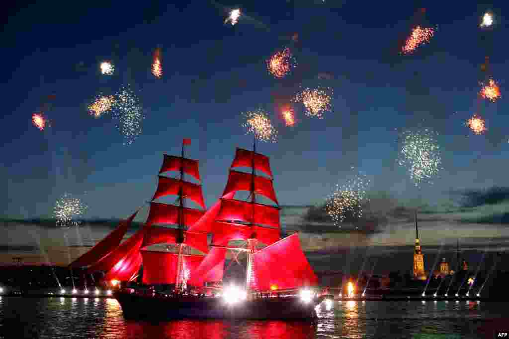 Fireworks light up the night sky in St. Petersburg on June 19 as part of annual celebrations that are held all over Russia to mark the graduation of students from the country's elementary schools, high schools, and military academies.Photo by Kirill Kudryavtsev for AFP