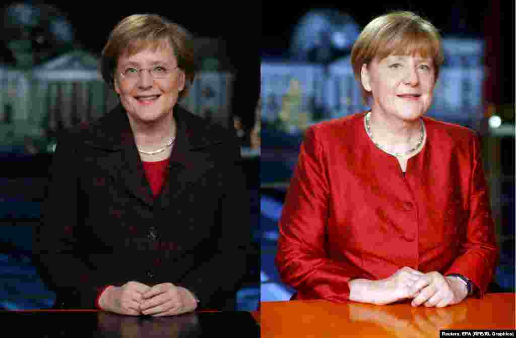 German Chancellor Angela Merkel in her first New Year's address in 2005 (left) and her latest. 
