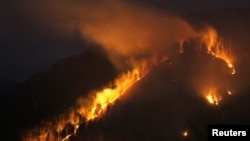 Dry grass, brush, and trees burn on the bank of the Yenisei River in Russia's Taiga district, near Krasnoyarsk, in late April, when some were already warning of the acute risk of fires.