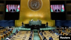 U.S. - Azerbaijan's President Ilham Aliyev speaks remotely at the 76th session of the United Nations General Assembly at the U.N. headquarters in New York, U.S., September 23, 2021.