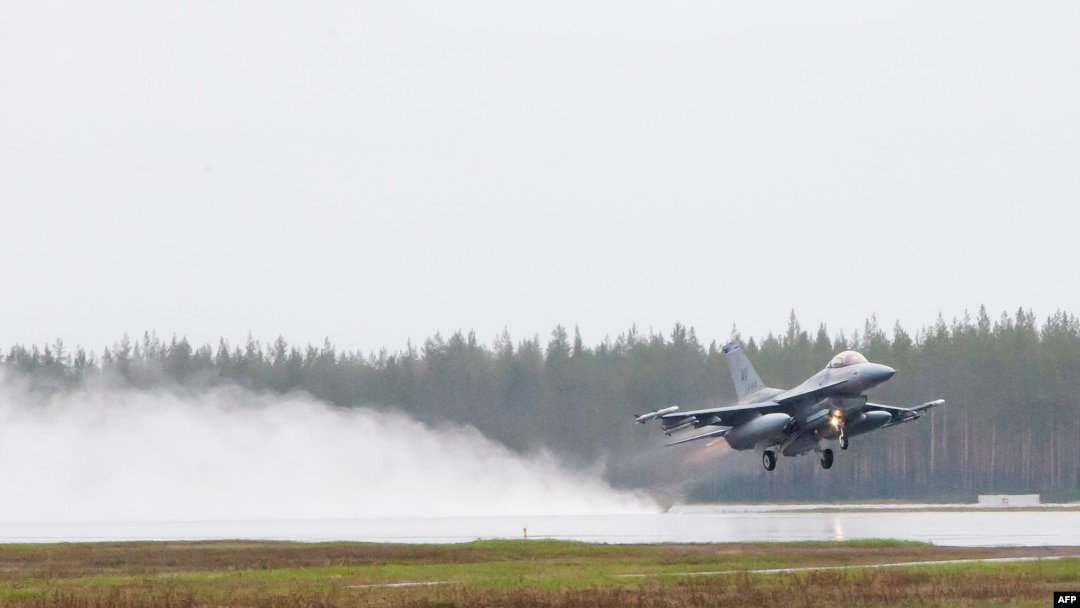 An F-16CM fighter jet takes off from Kallax Airport outside Lulea in northern Sweden.