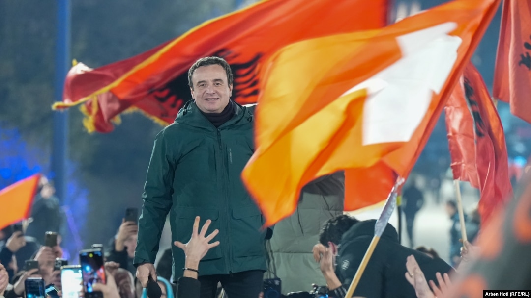 KOSOVO: Albin Kurti at a rally in downtown Pristina after February 9 elections.