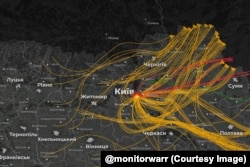 Мапа, створаная ўкраінскім маніторынгавым тэлеграм-каналам @monitorwarr, на якой бачныя пралёты баявых бесьпілётнікаў над тэрыторыяй Беларусі і каля яе падчас масавай паветранай атакі на Ўкраіну 31 ліпеня 2025 году