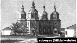 Кубань. Воскресенський собор у тодішньому Катеринодарі (гравюрне зображення). Був збудований у типовому козацькому стилі на межі 18 і 19 століть. Був розібраний у 1879 році 