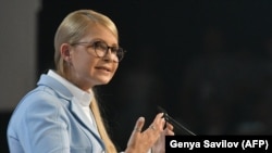 Yulia Tymoshenko delivers a speech during a national forum in Kyiv on June 15.