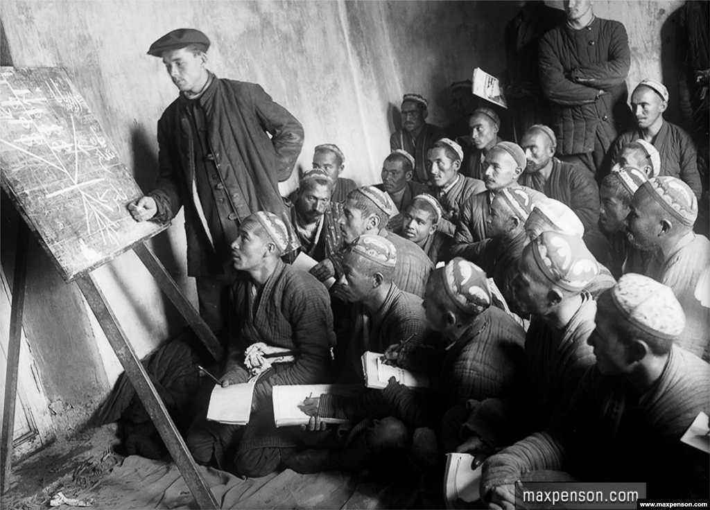 A Russian instructor teaching Uzbek students. Soviet rule in Uzbekistan was marked by the repression of Islam and the promotion of literacy.