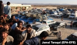 Pakistanis who deal in the Iranian gasoline trade across the border protest after the Pakistani government banned smuggled Iranian gasoline, in Panjgur, Balochistan Province, in October 2019.