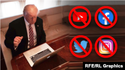 Ish-presidenti amerikan, Donald Trump. Fotografia është ilustruar me logot e rrjeteve sociale të cilat kanë ndaluar llogaritë e Trumpit. 