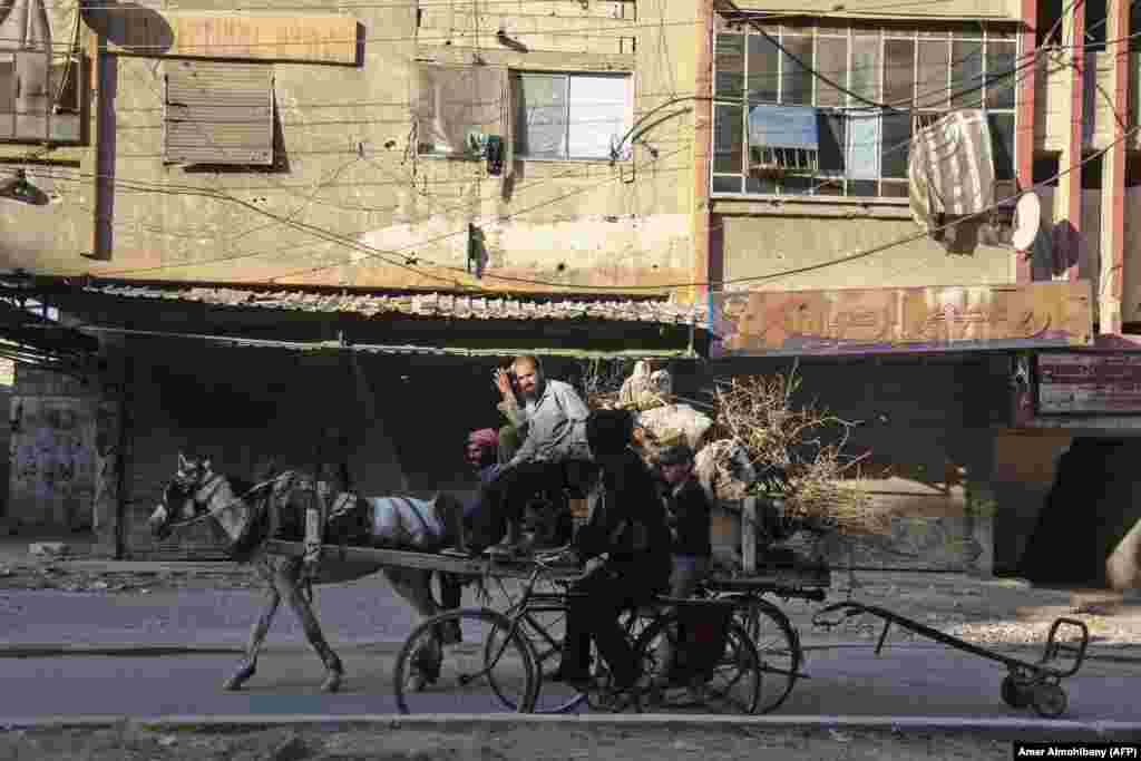 СИРИЈА - Сириец превезува дрва до својот дом во градот Доума, кој е под контрола на сириските бунтовници. Светска банка објави дека војната во Сирија ја чини оваа држава 226 милијарди долари, што е 10 пати повеќе од нејзиниот бруто домашен производ регистриран во 2010 година.