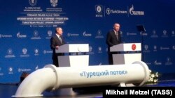 Владимир Путин и Реджеп Эрдоган на церемонии открытия газопровода «Турецкий поток», 2020