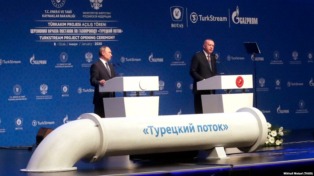 رجب طیب اردوغان (راست) در کنار ولادیمیر پوتین در مراسم افتتاحیه ترک‌استریم