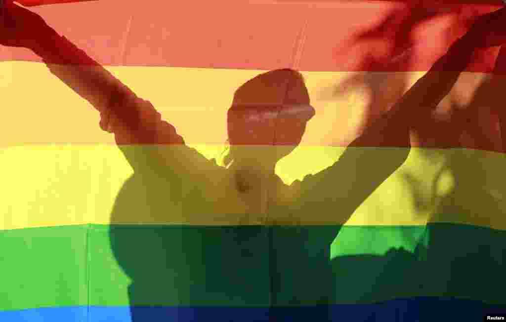 The shadow of a gay-rights activist is seen behind a flag as she takes part in the march. 
