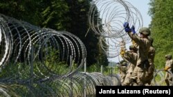 Militari lituanieni construiesc un gard de sârmă la granița cu Belarus