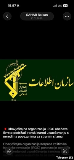 Objava na Telegramu tokom protesta u Iranu, januar 2026.