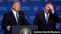 FILE: U.S. President Donald Trump accompanied by U.S. Secretary of State Mike Pompeo speaks at a news conference at the JW Marriott Hanoi in February 2019.