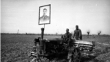 Plakat sovjetskog vođe Josifa Staljina na jednom od prvih traktora fotografisanih na radu na poljima Uzbekistana.<br><br>Početkom 1925. godine, područje današnjeg Uzbekistana proglašeno je republikom Sovjetskog Saveza. Sovjetsko preuzimanje vlasti označilo je period nemilosrdne transformacije, koji je uključivao pogubljenja uzbečkih političkih zatvorenika, kao i programe opismenjavanja i industrijalizaciju.
