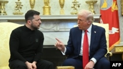 U.S. President Donald Trump and Ukraine's President Volodymyr Zelensky meet in the Oval Office of the White House