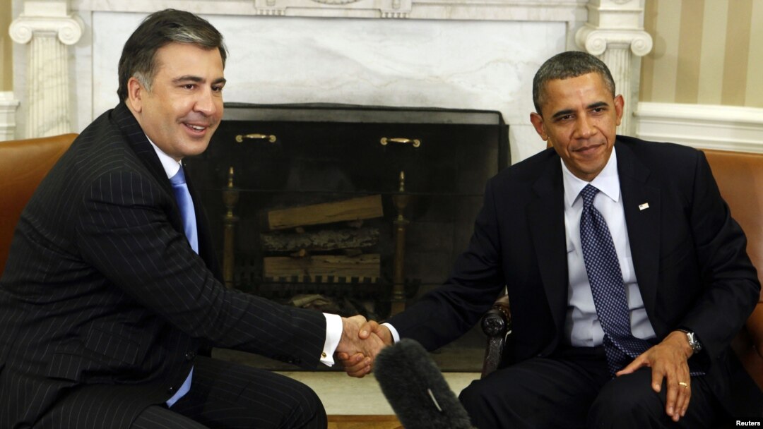 U.S. President Barack Obama (right) welcomes his Georgian counterpart, Mikheil Saakashvili, to the White House on January 30.
