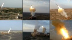 IRAN -- A combo photo reportedly show ballistic missiles being launched by Iran's Revolutionary Guard Corps (IRGC) during the last day of military exercises near sensitive Gulf waters, July 29, 2020