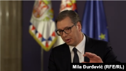 Aleksandar Vučić az Atlanti Tanács online eseményén beszél 2021. április 22-én