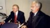 Former Romanian Prime Minister Radu Vasile (right) is interviewed by Nestor Ratesh, then-director of RFE/RL's Romania-Moldova Service, in 1998