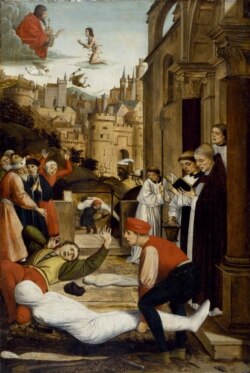 Pictură religioasă- Josse Lieferinxe- o amintire sumbră a epidemiei de ciumă. În timp ce preoții se rugau, nenumărate cadavre au fost adunate pe străzi și înghesuite de muncitori care ei înșiși se infectau, precum omul căzut în stânga jos.