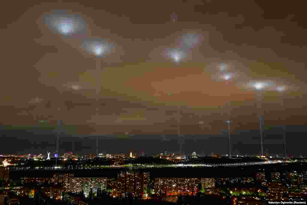 Spotlights over Kyiv from a rally of Ukrainian artists and entertainment-industry workers on May 12. They demanded financial support from the government and an easing of lockdown measures to fight the spread of the coronavirus.